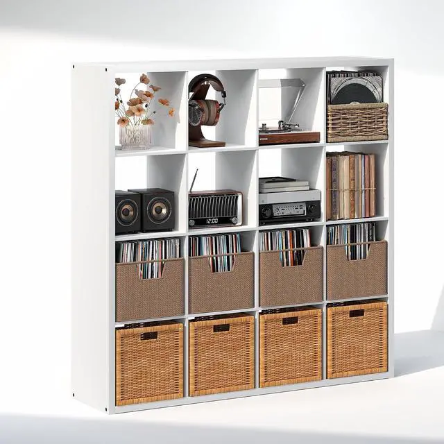 Alt view image 4 of 7 - Cubicle Record Player Stand with Vinyl Storage, 16-Cube 1.2 Extra Thick Vinyl Record Storage, Open Back Media Shelf for CD DVD Blueray Game Disc, for Living Room, Home Office, White