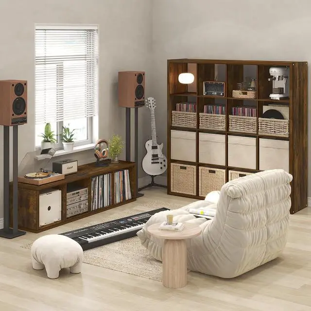 Alt view image 5 of 7 - Cubicle Record Player Stand with Vinyl Storage, 12-Cube 1.2 Extra Thick Vinyl Record Storage, Open Back Media Shelf for CD DVD Blueray Game Disc, for Living Room, Home Office, Amber Pine