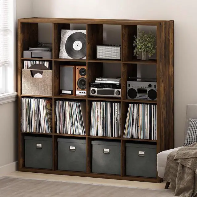 Main image of Cubicle Record Player Stand with Vinyl Storage, 16-Cube 1.2 Extra Thick Vinyl Record Storage, Open Back Media Shelf for CD DVD Blueray Game Disc, for Living Room, Home Office, Amber Pine