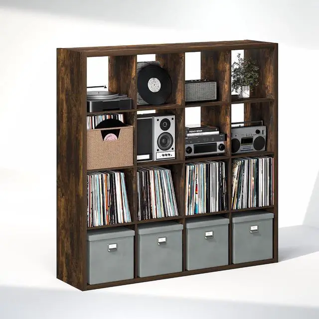 Alt view image 4 of 7 - Cubicle Record Player Stand with Vinyl Storage, 16-Cube 1.2 Extra Thick Vinyl Record Storage, Open Back Media Shelf for CD DVD Blueray Game Disc, for Living Room, Home Office, Amber Pine