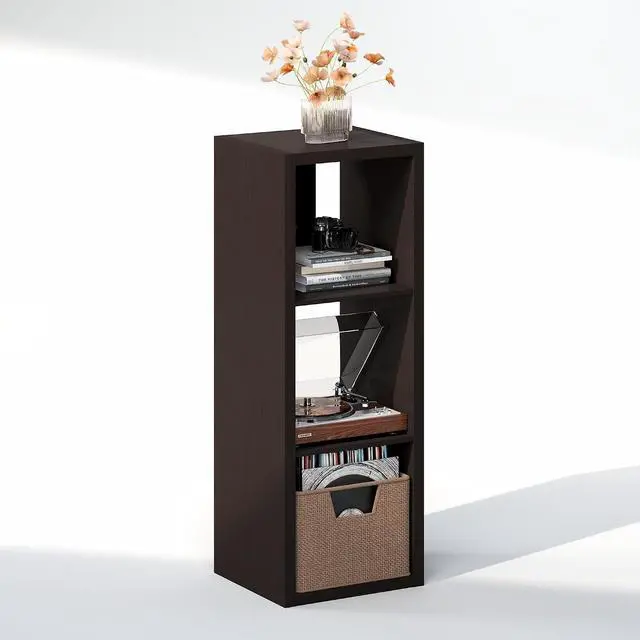Alt view image 4 of 7 - Cubicle Record Player Stand with Vinyl Storage, 3-Cube 1.2 Extra Thick Vinyl Record Storage, Open Back Media Shelf for CD DVD Blueray Game Disc, for Living Room, Home Office, Black Dark Oak