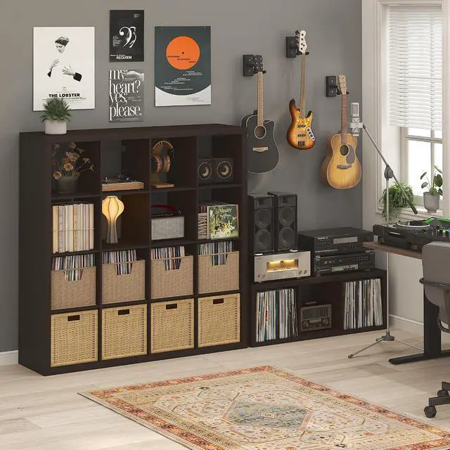 Alt view image 5 of 7 - Cubicle Record Player Stand with Vinyl Storage, 3-Cube 1.2 Extra Thick Vinyl Record Storage, Open Back Media Shelf for CD DVD Blueray Game Disc, for Living Room, Home Office, Black Dark Oak