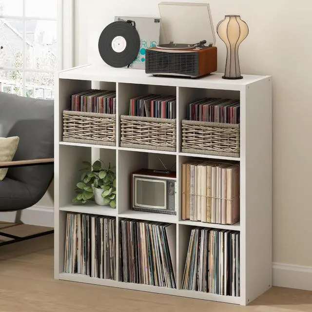 Main image of Cubicle Record Player Stand with Vinyl Storage, 9-Cube 1.2 Extra Thick Vinyl Record Storage, Open Back Media Shelf for CD DVD Blueray Game Disc, for Living Room, Home Office, White