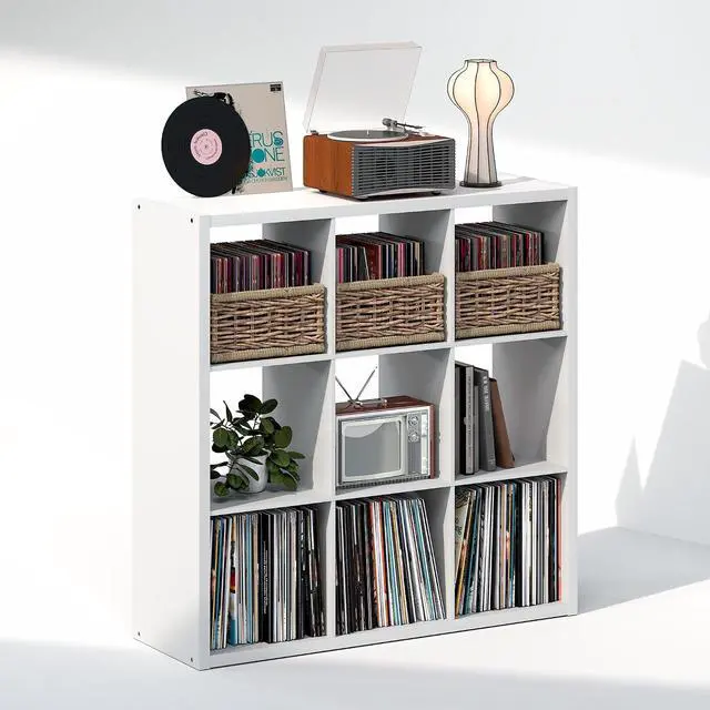 Alt view image 4 of 7 - Cubicle Record Player Stand with Vinyl Storage, 9-Cube 1.2 Extra Thick Vinyl Record Storage, Open Back Media Shelf for CD DVD Blueray Game Disc, for Living Room, Home Office, White