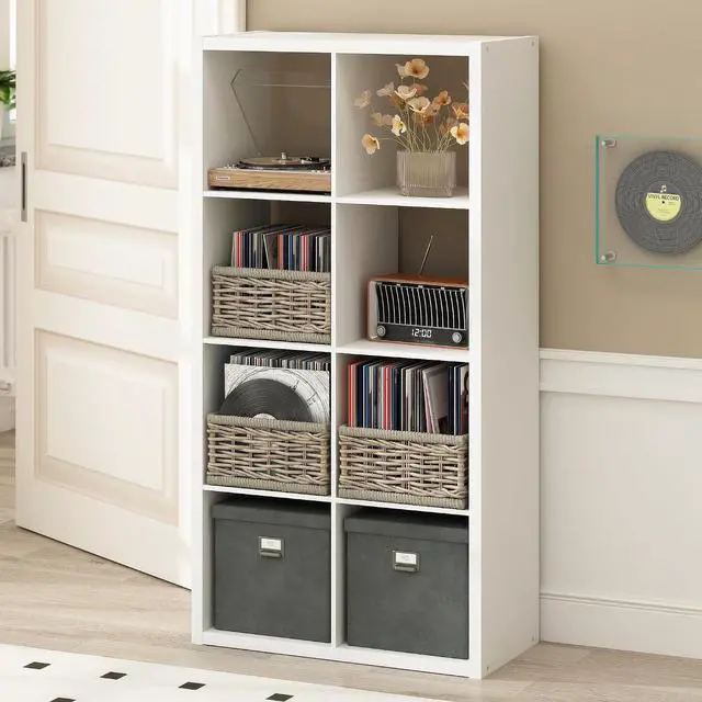 Main image of Cubicle Record Player Stand with Vinyl Storage, 8-Cube 1.2 Extra Thick Vinyl Record Storage, Open Back Media Shelf for CD DVD Blueray Game Disc, for Living Room, Home Office, White