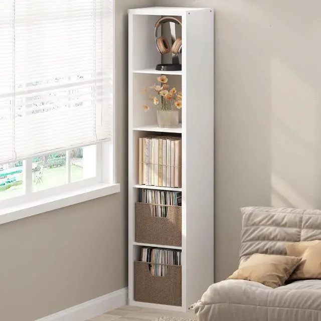Main image of Cubicle Record Player Stand with Vinyl Storage, 5-Cube 1.2 Extra Thick Vinyl Record Storage, Open Back Media Shelf for CD DVD Blueray Game Disc, for Living Room, Home Office, White