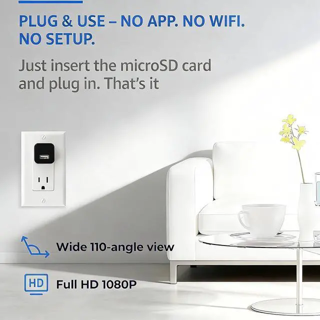 Alt view image 3 of 6 - Hidden Camera Spy Cam 1080P - USB Charger Full HD No-WiFi Security Cam with Plug-in Power & Local Storage, Motion Detection & Night Vision, Ideal for Pet, Baby & Home Security, with 64GB SD Card