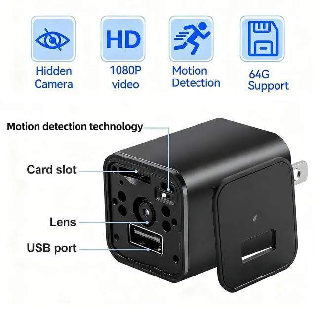Alt view image 5 of 6 - Hidden Camera Spy Cam 1080P - USB Charger Full HD No-WiFi Security Cam with Plug-in Power & Local Storage, Motion Detection & Night Vision, Ideal for Pet, Baby & Home Security, with 64GB SD Card