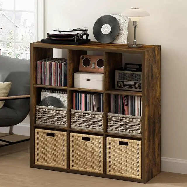 Main image of Cubicle Record Player Stand with Vinyl Storage, 9-Cube 1.2 Extra Thick Vinyl Record Storage, Open Back Media Shelf for CD DVD Blueray Game Disc, for Living Room, Home Office, Amber Pine