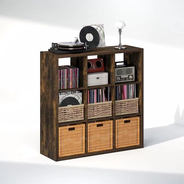 Alt view image 4 of 7 - Cubicle Record Player Stand with Vinyl Storage, 9-Cube 1.2 Extra Thick Vinyl Record Storage, Open Back Media Shelf for CD DVD Blueray Game Disc, for Living Room, Home Office, Amber Pine