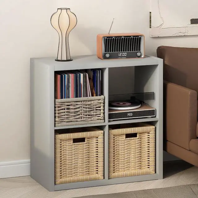 Main image of Cubicle Record Player Stand with Vinyl Storage, 4-Cube 1.2 Extra Thick Vinyl Record Storage, Open Back Media Shelf for CD DVD Blueray Game Disc, for Living Room, Home Office, Light Grey