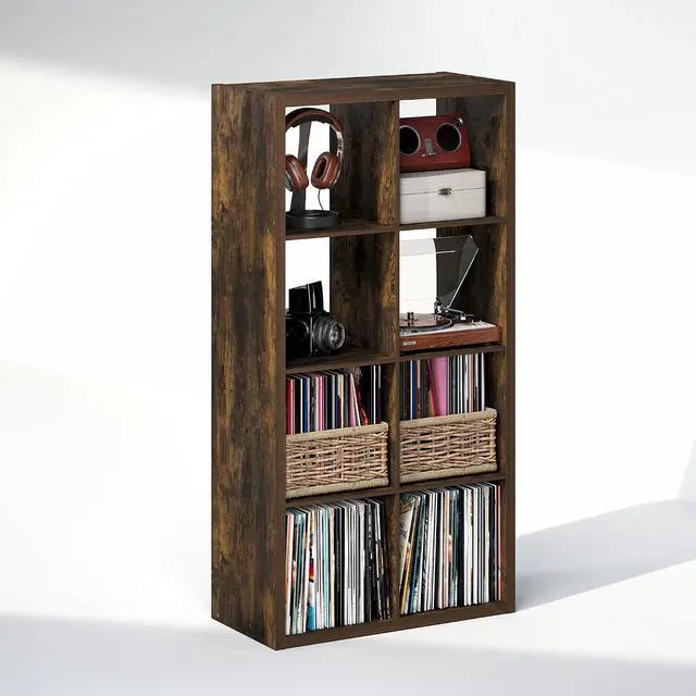 Alt view image 4 of 7 - Cubicle Record Player Stand with Vinyl Storage, 8-Cube 1.2 Extra Thick Vinyl Record Storage, Open Back Media Shelf for CD DVD Blueray Game Disc, for Living Room, Home Office, Amber Pine