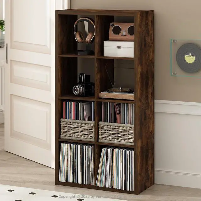 Main image of Cubicle Record Player Stand with Vinyl Storage, 8-Cube 1.2 Extra Thick Vinyl Record Storage, Open Back Media Shelf for CD DVD Blueray Game Disc, for Living Room, Home Office, Amber Pine