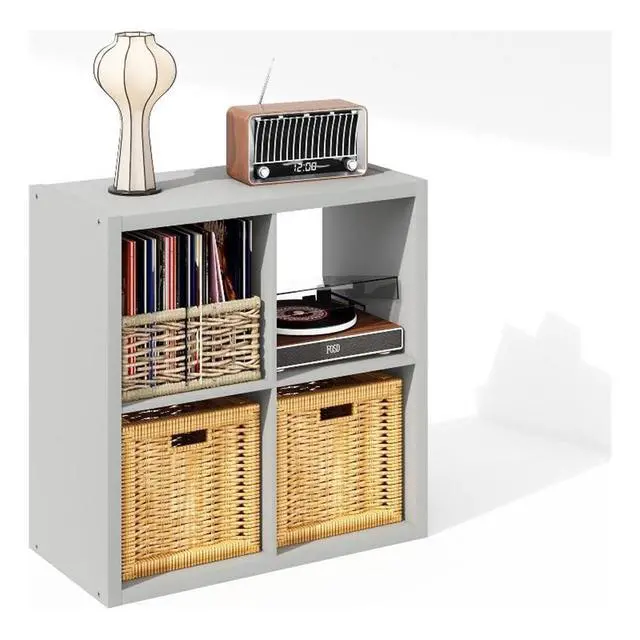 Alt view image 6 of 7 - Cubicle Record Player Stand with Vinyl Storage, 4-Cube 1.2 Extra Thick Vinyl Record Storage, Open Back Media Shelf for CD DVD Blueray Game Disc, for Living Room, Home Office, Light Grey