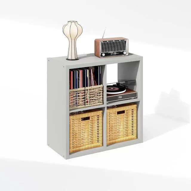 Alt view image 4 of 7 - Cubicle Record Player Stand with Vinyl Storage, 4-Cube 1.2 Extra Thick Vinyl Record Storage, Open Back Media Shelf for CD DVD Blueray Game Disc, for Living Room, Home Office, Light Grey