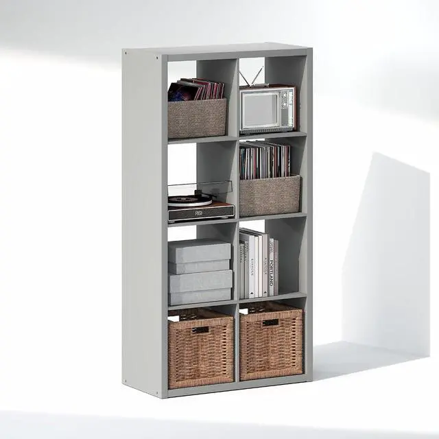 Alt view image 4 of 7 - Cubicle Record Player Stand with Vinyl Storage, 8-Cube 1.2 Extra Thick Vinyl Record Storage, Open Back Media Shelf for CD DVD Blueray Game Disc, for Living Room, Home Office, Light Grey