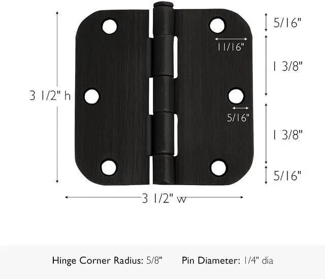 Alt view image 3 of 6 - Door Hinge, 3.5 in x 3.5 in, 5/8 in Radius, Interior, Rounded Steel, Removable Pin, Pre-Lubricated, Easy to Install, Oil Rubbed Bronze Finish, 9 Pack, 191114