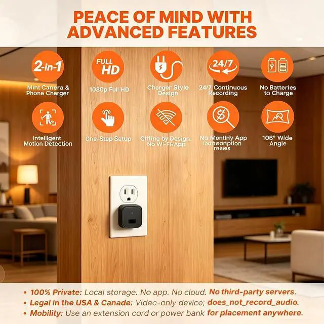 Alt view image 2 of 5 - USB Charger Hidden Camera - 1080P HD Spy Cam with Motion Detection & Night Vision, Plug-and-Play, No WiFi Needed, Indoor Nanny Cam for Home Security (No Audio, No SD Card)