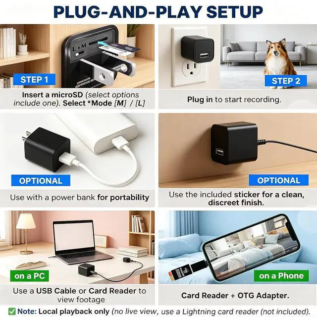 Alt view image 4 of 5 - USB Charger Hidden Camera - 1080P HD Spy Cam with Motion Detection & Night Vision, Plug-and-Play, No WiFi Needed, Indoor Nanny Cam for Home Security (No Audio, No SD Card)
