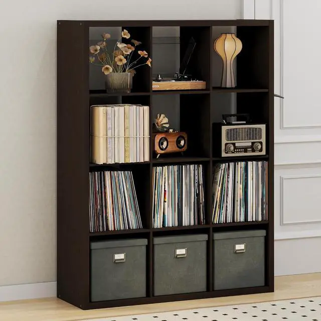 Main image of Cubicle Record Player Stand with Vinyl Storage, 12-Cube 1.2 Extra Thick Vinyl Record Storage, Open Back Media Shelf for CD DVD Blueray Game Disc, for Living Room, Home Office, Black Dark Oak