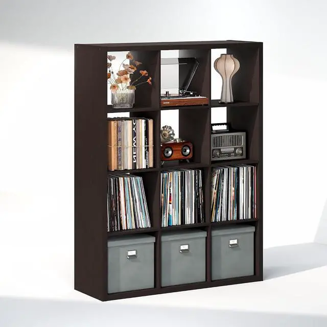 Alt view image 4 of 7 - Cubicle Record Player Stand with Vinyl Storage, 12-Cube 1.2 Extra Thick Vinyl Record Storage, Open Back Media Shelf for CD DVD Blueray Game Disc, for Living Room, Home Office, Black Dark Oak