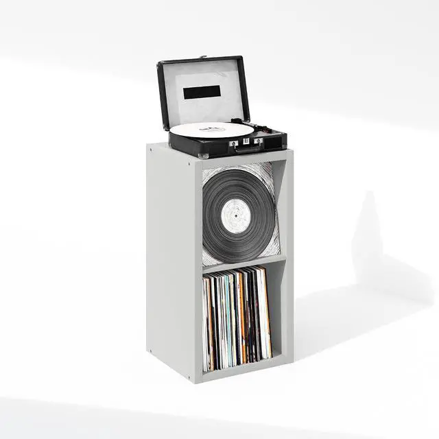Alt view image 4 of 7 - Cubicle Record Player Stand with Vinyl Storage, 2-Cube 1.2 Extra Thick Vinyl Record Storage, Open Back Media Shelf for CD DVD Blueray Game Disc, for Living Room, Home Office, Light Grey