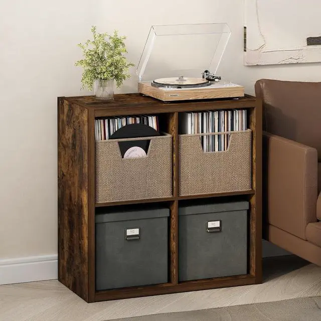 Main image of Cubicle Record Player Stand with Vinyl Storage, 4-Cube 1.2 Extra Thick Vinyl Record Storage, Open Back Media Shelf for CD DVD Blueray Game Disc, for Living Room, Home Office, Amber Pine