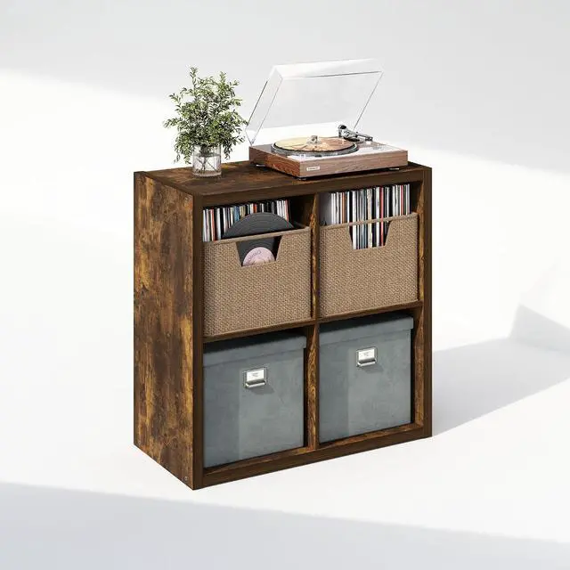 Alt view image 4 of 7 - Cubicle Record Player Stand with Vinyl Storage, 4-Cube 1.2 Extra Thick Vinyl Record Storage, Open Back Media Shelf for CD DVD Blueray Game Disc, for Living Room, Home Office, Amber Pine
