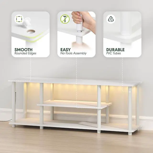 Alt view image 2 of 6 - Turn-N-Tube TV Stand with LED Lights, 3-Tier No Tools 3D Entertainment Center, TV Console for TV up to 50 Inch, for Living Room, Bedroom, White