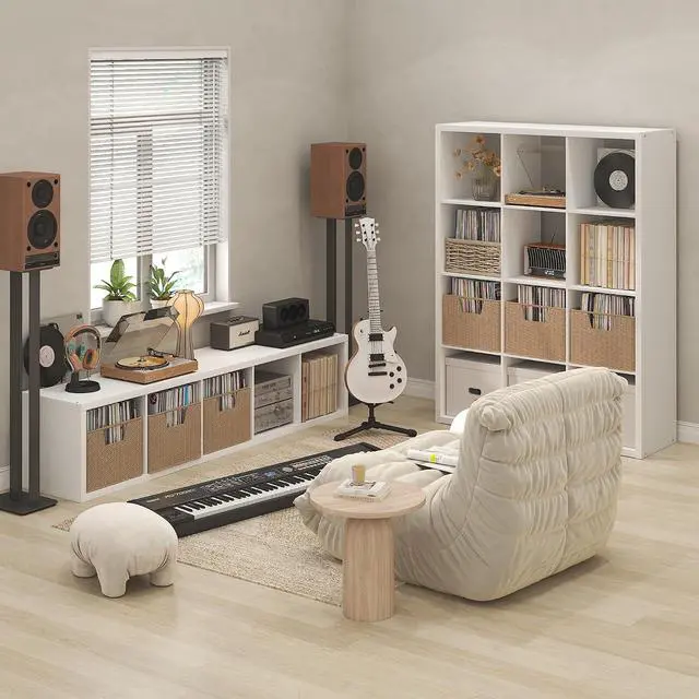 Alt view image 5 of 7 - Cubicle Record Player Stand with Vinyl Storage, 5-Cube 1.2 Extra Thick Vinyl Record Storage, Open Back Media Shelf for CD DVD Blueray Game Disc, for Living Room, Home Office, White