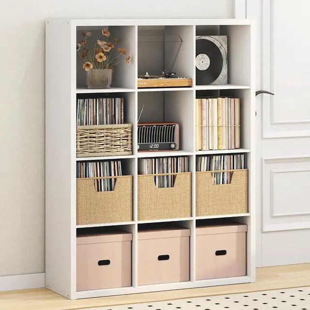 Main image of Cubicle Record Player Stand with Vinyl Storage, 12-Cube 1.2 Extra Thick Vinyl Record Storage, Open Back Media Shelf for CD DVD Blueray Game Disc, for Living Room, Home Office, White