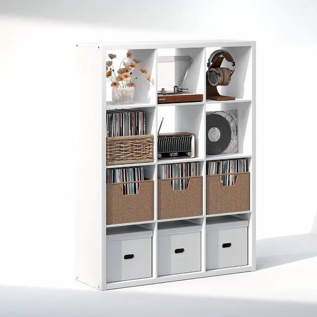 Alt view image 3 of 7 - Cubicle Record Player Stand with Vinyl Storage, 12-Cube 1.2 Extra Thick Vinyl Record Storage, Open Back Media Shelf for CD DVD Blueray Game Disc, for Living Room, Home Office, White
