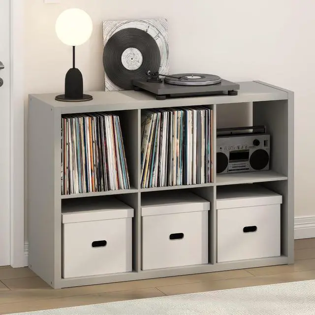 Main image of Cubicle Record Player Stand with Vinyl Storage, 6-Cube 1.2 Extra Thick Vinyl Record Storage, Open Back Media Shelf for CD DVD Blueray Game Disc, for Living Room, Home Office, Light Grey
