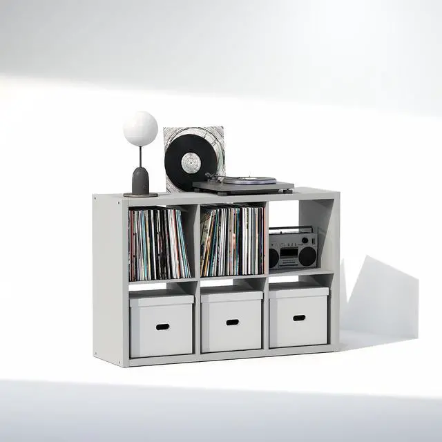 Alt view image 4 of 7 - Cubicle Record Player Stand with Vinyl Storage, 6-Cube 1.2 Extra Thick Vinyl Record Storage, Open Back Media Shelf for CD DVD Blueray Game Disc, for Living Room, Home Office, Light Grey