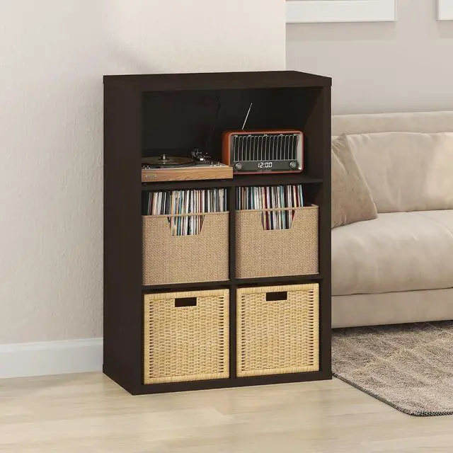 Main image of Cubicle Record Player Stand with Vinyl Storage, 5-Cube 1.2 Extra Thick Vinyl Record Storage, Open Back Media Shelf for CD DVD Blueray Game Disc, for Living Room, Home Office, Black Dark Oak