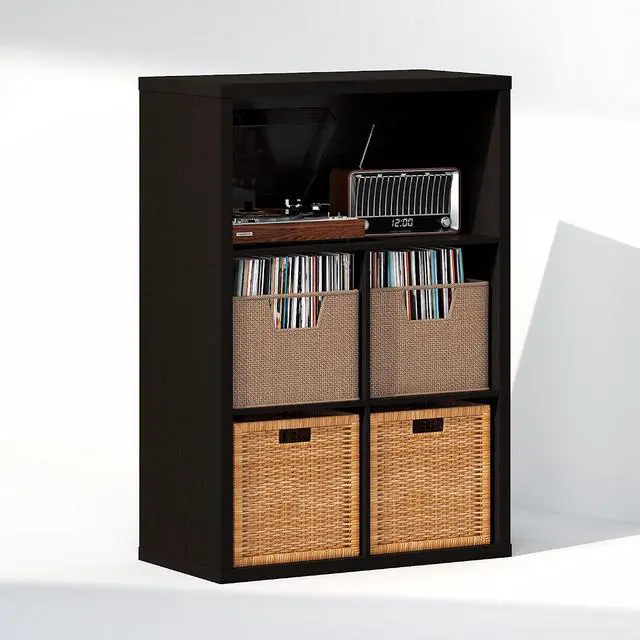 Alt view image 4 of 7 - Cubicle Record Player Stand with Vinyl Storage, 5-Cube 1.2 Extra Thick Vinyl Record Storage, Open Back Media Shelf for CD DVD Blueray Game Disc, for Living Room, Home Office, Black Dark Oak