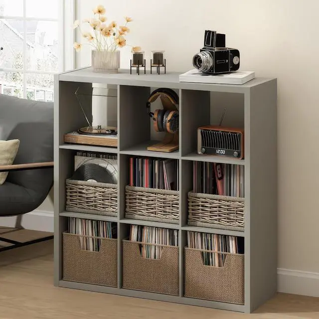 Main image of Cubicle Record Player Stand with Vinyl Storage, 9-Cube 1.2 Extra Thick Vinyl Record Storage, Open Back Media Shelf for CD DVD Blueray Game Disc, for Living Room, Home Office, Light Grey