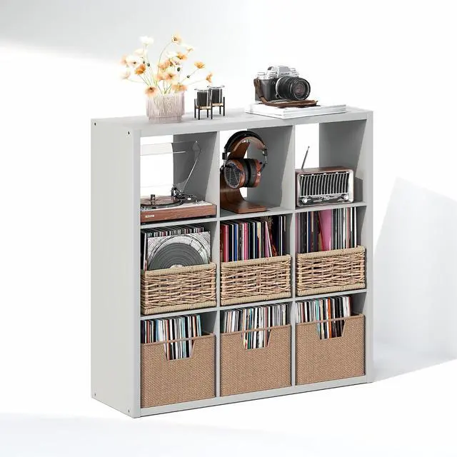 Alt view image 4 of 7 - Cubicle Record Player Stand with Vinyl Storage, 9-Cube 1.2 Extra Thick Vinyl Record Storage, Open Back Media Shelf for CD DVD Blueray Game Disc, for Living Room, Home Office, Light Grey