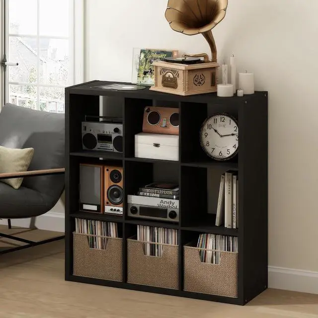 Main image of Cubicle Record Player Stand with Vinyl Storage, 9-Cube 1.2 Extra Thick Vinyl Record Storage, Open Back Media Shelf for CD DVD Blueray Game Disc, for Living Room, Home Office, Black Dark Oak