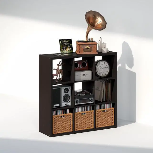 Alt view image 4 of 7 - Cubicle Record Player Stand with Vinyl Storage, 9-Cube 1.2 Extra Thick Vinyl Record Storage, Open Back Media Shelf for CD DVD Blueray Game Disc, for Living Room, Home Office, Black Dark Oak