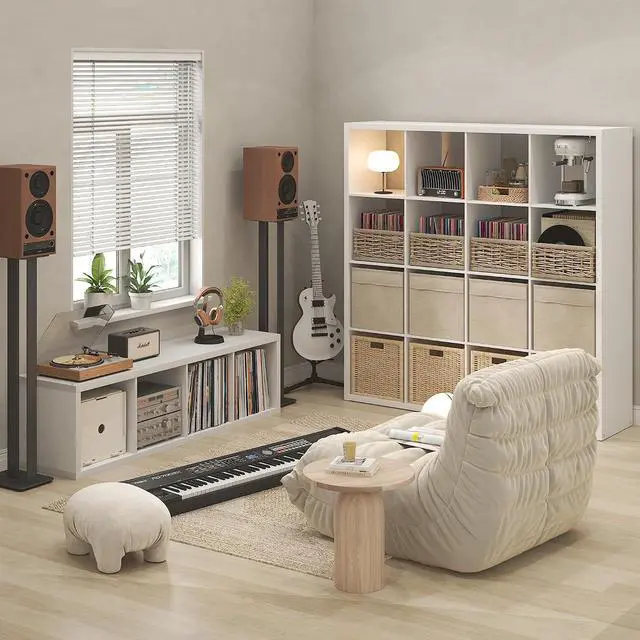Alt view image 5 of 7 - Cubicle Record Player Stand with Vinyl Storage, 4-Cube 1.2 Extra Thick Vinyl Record Storage, Open Back Media Shelf for CD DVD Blueray Game Disc, for Living Room, Home Office, White
