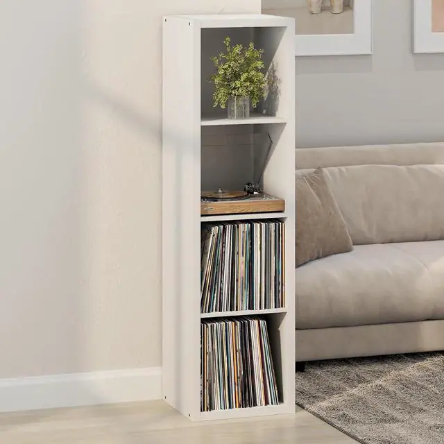 Main image of Cubicle Record Player Stand with Vinyl Storage, 4-Cube 1.2 Extra Thick Vinyl Record Storage, Open Back Media Shelf for CD DVD Blueray Game Disc, for Living Room, Home Office, White