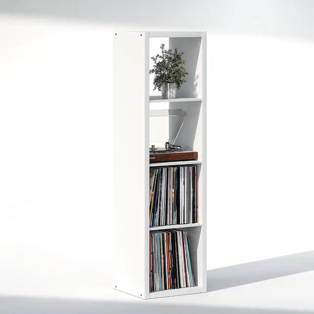 Alt view image 4 of 7 - Cubicle Record Player Stand with Vinyl Storage, 4-Cube 1.2 Extra Thick Vinyl Record Storage, Open Back Media Shelf for CD DVD Blueray Game Disc, for Living Room, Home Office, White
