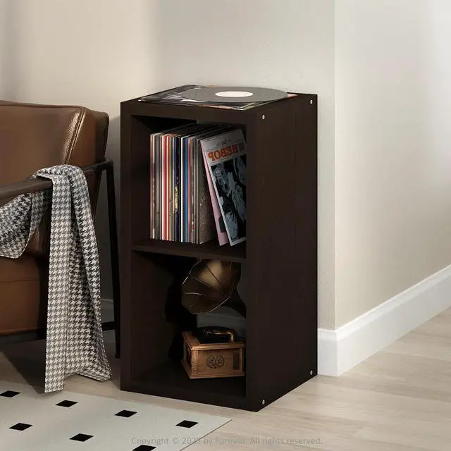 Main image of Cubicle Record Player Stand with Vinyl Storage, 2-Cube 1.2 Extra Thick Vinyl Record Storage, Open Back Media Shelf for CD DVD Blueray Game Disc, for Living Room, Home Office, Black Dark Oak