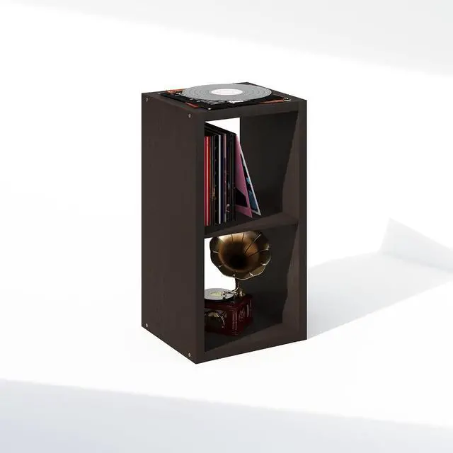 Alt view image 4 of 7 - Cubicle Record Player Stand with Vinyl Storage, 2-Cube 1.2 Extra Thick Vinyl Record Storage, Open Back Media Shelf for CD DVD Blueray Game Disc, for Living Room, Home Office, Black Dark Oak