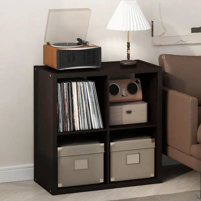 Main image of Cubicle Record Player Stand with Vinyl Storage, 4-Cube 1.2 Extra Thick Vinyl Record Storage, Open Back Media Shelf for CD DVD Blueray Game Disc, for Living Room, Home Office, Black Dark Oak