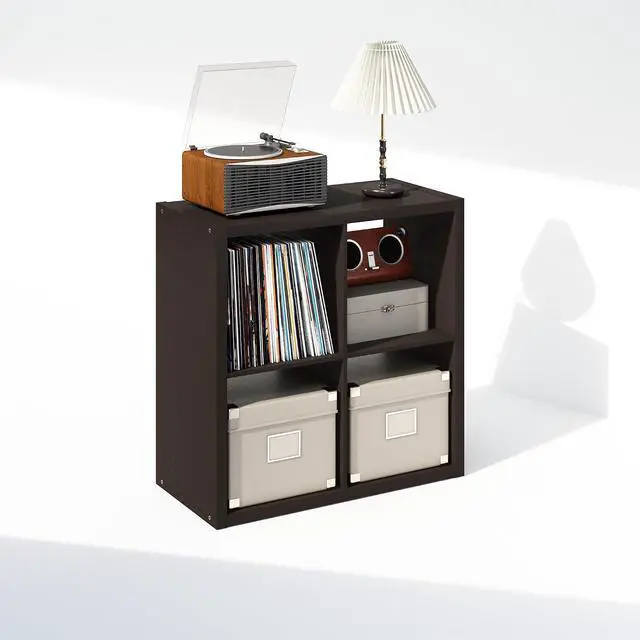 Alt view image 4 of 7 - Cubicle Record Player Stand with Vinyl Storage, 4-Cube 1.2 Extra Thick Vinyl Record Storage, Open Back Media Shelf for CD DVD Blueray Game Disc, for Living Room, Home Office, Black Dark Oak