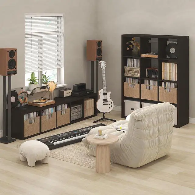 Alt view image 5 of 7 - Cubicle Record Player Stand with Vinyl Storage, 12-Cube 1.2 Extra Thick Vinyl Record Storage, Open Back Media Shelf for CD DVD Blueray Game Disc, for Living Room, Home Office, Black Dark Oak