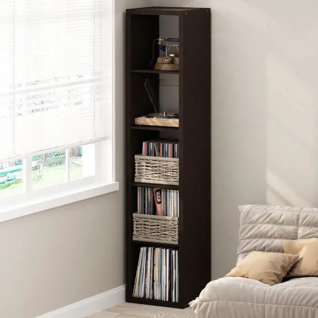 Main image of Cubicle Record Player Stand with Vinyl Storage, 5-Cube 1.2 Extra Thick Vinyl Record Storage, Open Back Media Shelf for CD DVD Blueray Game Disc, for Living Room, Home Office, Black Dark Oak