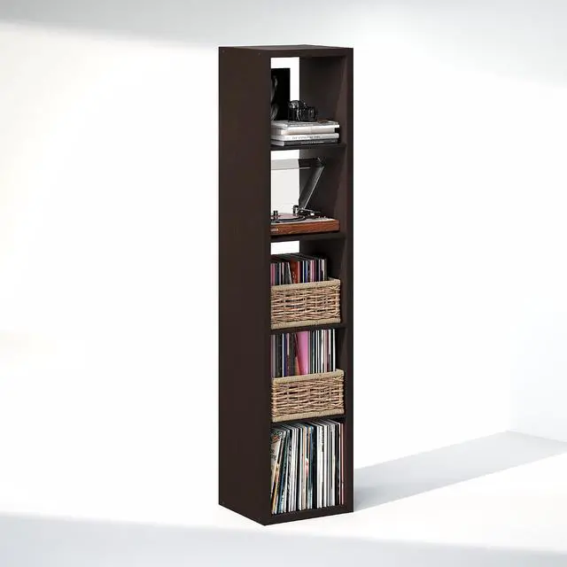 Alt view image 4 of 7 - Cubicle Record Player Stand with Vinyl Storage, 5-Cube 1.2 Extra Thick Vinyl Record Storage, Open Back Media Shelf for CD DVD Blueray Game Disc, for Living Room, Home Office, Black Dark Oak